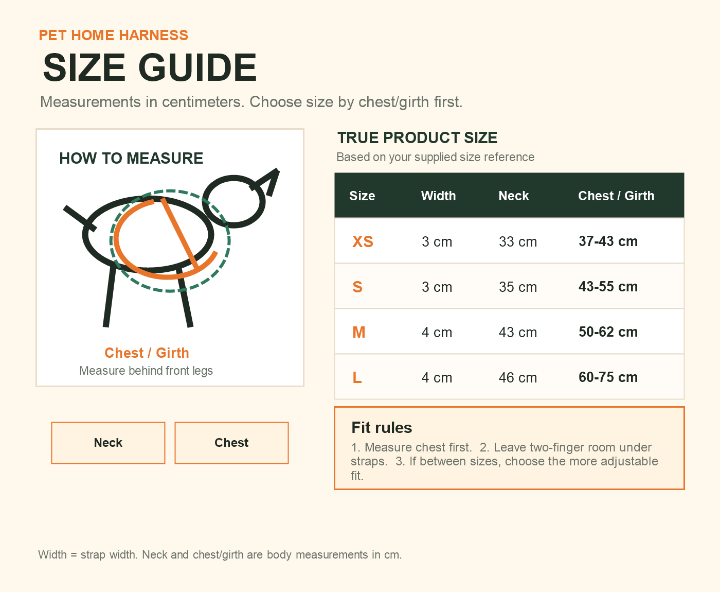 Pet Home Harness size guide in centimeters
